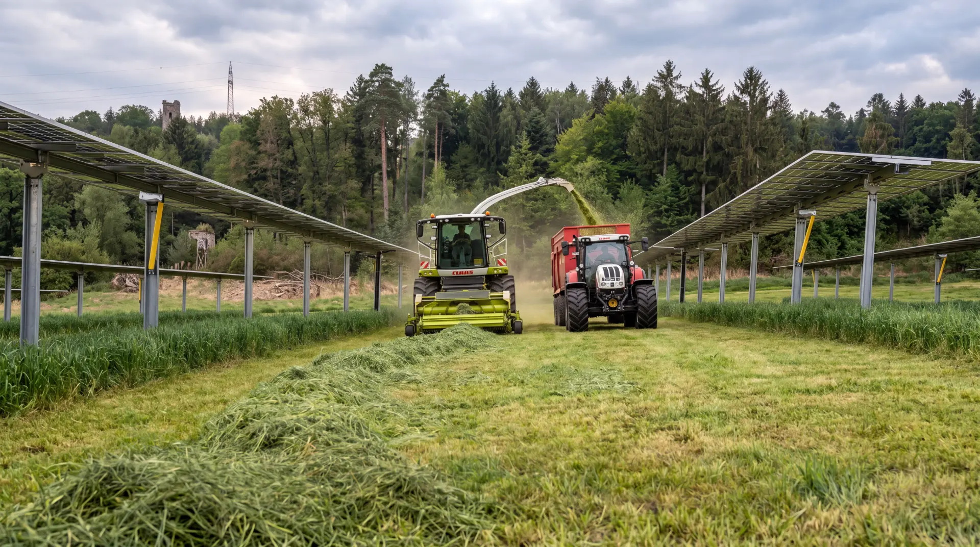 Feldhäcksler und Traktor bei der Ernte zwischen Agri-PV-Modulreihen bei Memmingen